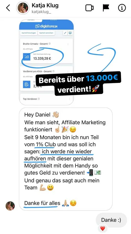 Instagram-Nachricht von Katja Klug an Daniel: seit 9 Monaten im 1% Club und bereits über 13.000€ verdient