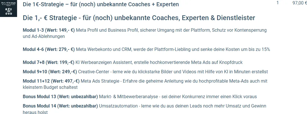 Modulübersicht der 1€-Strategie im Bestellformular mit Modul 1 bis 12 und zwei Bonus-Modulen