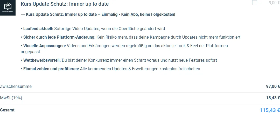 Bestellformular der 1€-Strategie mit dem freiwilligen Kurs Update Schutz und dem Gesamtpreis von 115,43 Euro