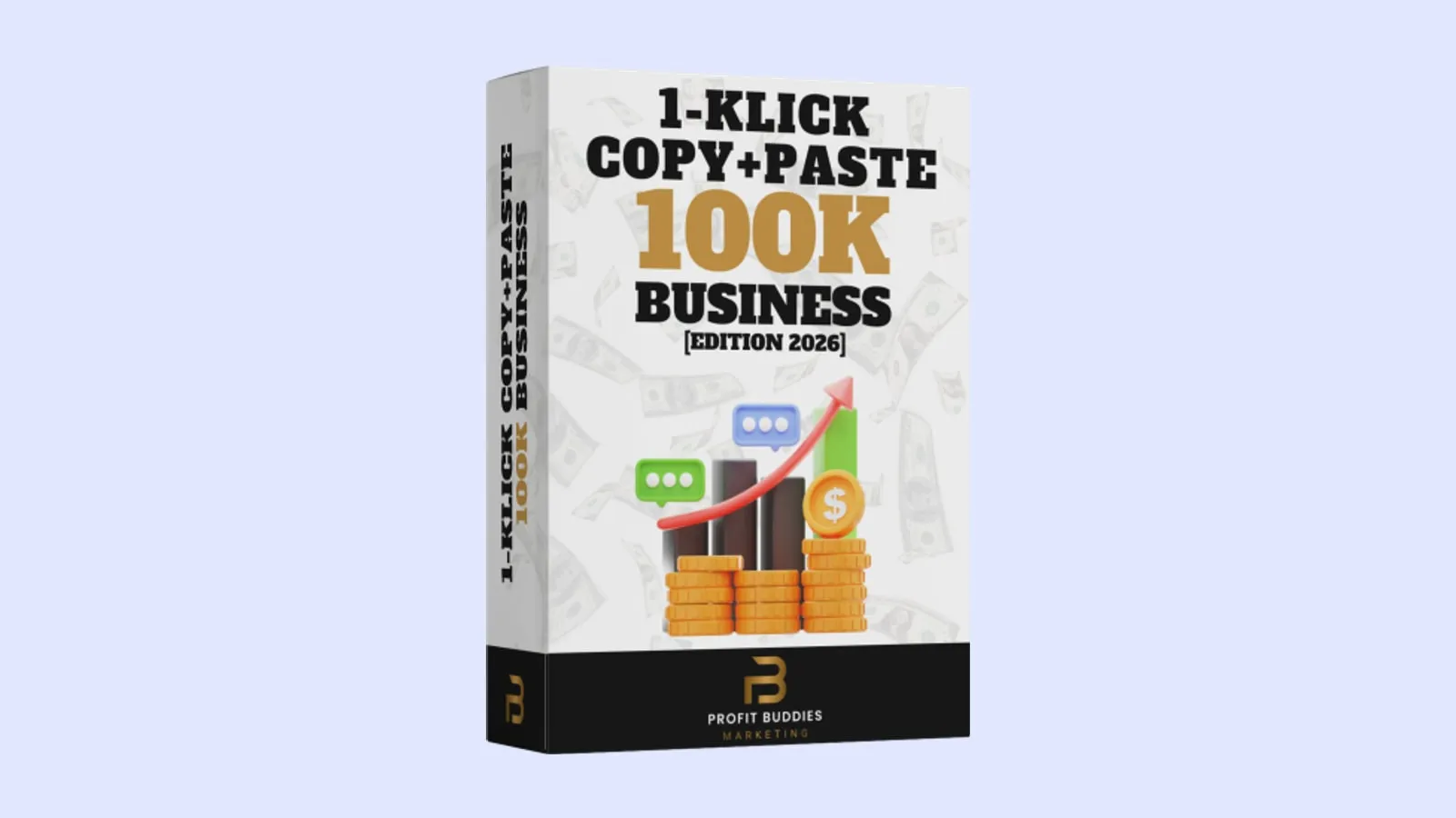 Weiße Produktbox des 1-Klick Copy+Paste 100K Business in der Edition 2026 mit Münzen und Pfeil