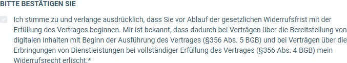 Häkchen mit dem Text zum Widerrufsrecht im Bestellformular des 1-Klick Copy+Paste 100K Business