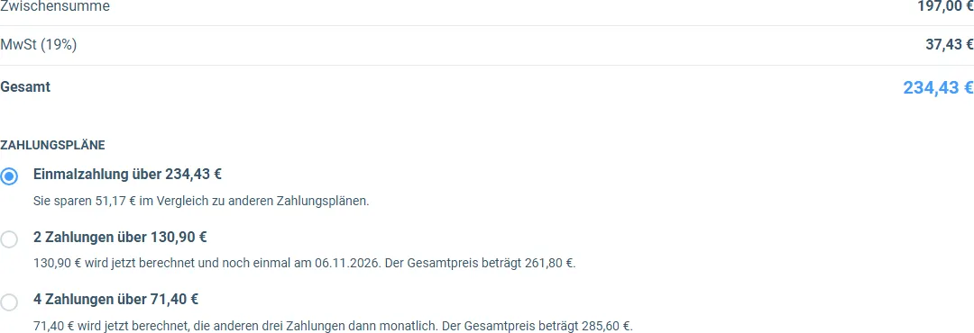 Zwischensumme, Mehrwertsteuer, Gesamtpreis und drei Zahlungspläne für das 1-Klick Copy+Paste 100K Business im Bestellformular