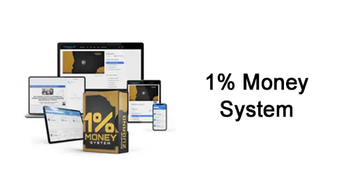 Kursbox des 1% Money Systems mit Laptop, Tablet und Smartphone und dem Schriftzug 1% Money System