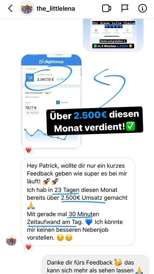 Instagram-Nachricht an Patrick: in 23 Tagen über 2.500€ Umsatz mit 30 Minuten Zeitaufwand am Tag