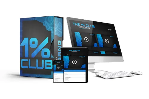 Blaue Kursbox des 1% Club neben Monitor, Tablet und Smartphone mit dem Instagram-Kurs