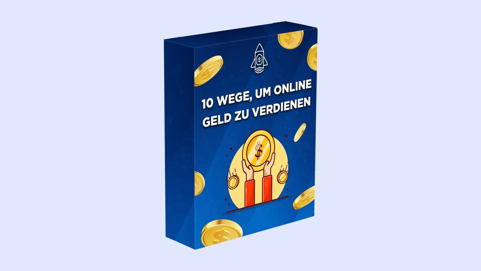 Blaue Produktbox des E-Books 10 Wege, um online Geld zu verdienen mit Goldmünzen auf hellblauem Hintergrund