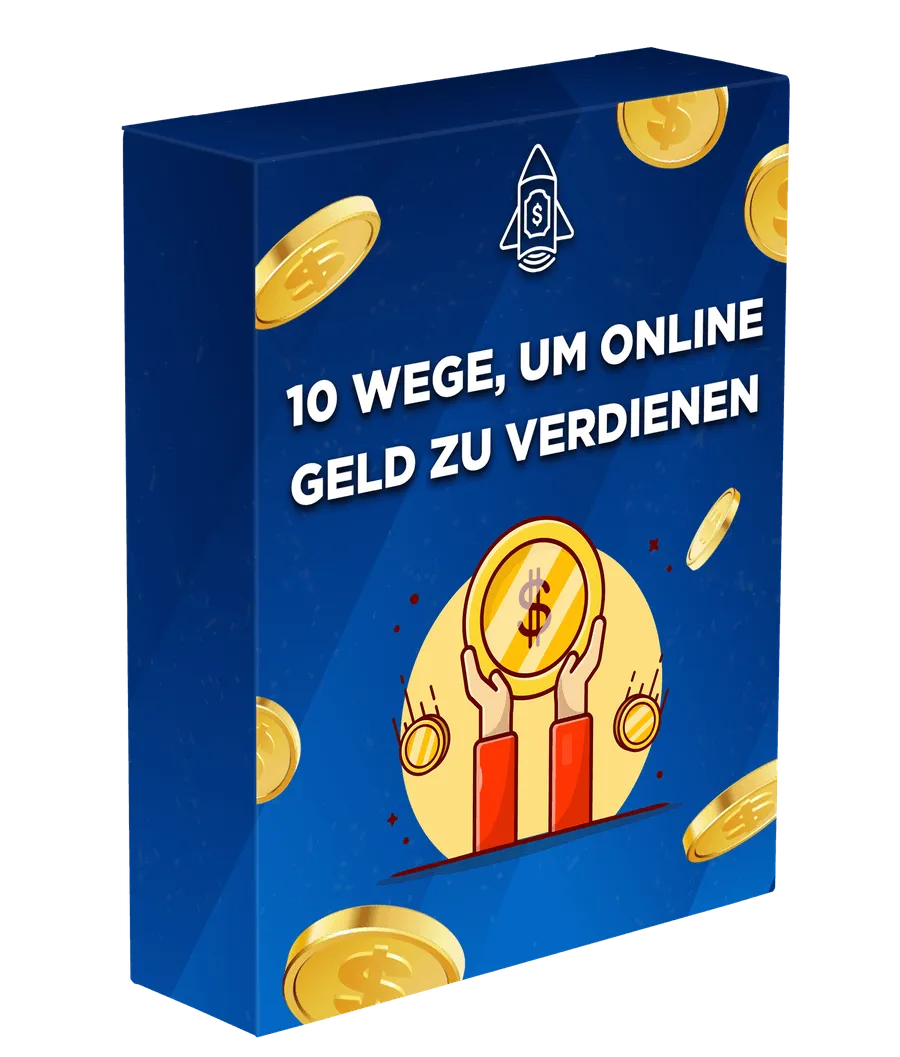 Blaue Box des E-Books 10 Wege, um online Geld zu verdienen mit Raketen-Logo und Händen, die eine Goldmünze halten