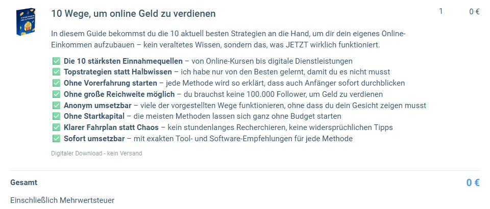 Bestellformular von 10 Wege, um online Geld zu verdienen mit Kurzbeschreibung und Gesamtbetrag 0 Euro