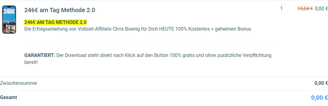 Bestellformular der 246€ am Tag Methode 2.0 mit Zwischensumme und Gesamtsumme von 0,00 Euro