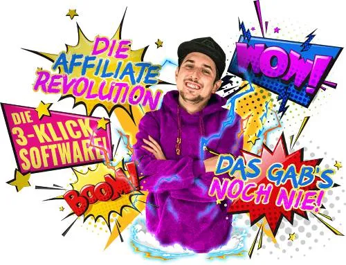 Comic-Grafik mit Tommy Seewald und den Schriftzügen Die Affiliate Revolution und Die 3-Klick Software