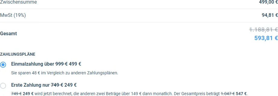 Bestellformular der 4S-Methode mit Gesamtpreis 593,81 Euro und den Zahlungsplänen Einmalzahlung und Raten