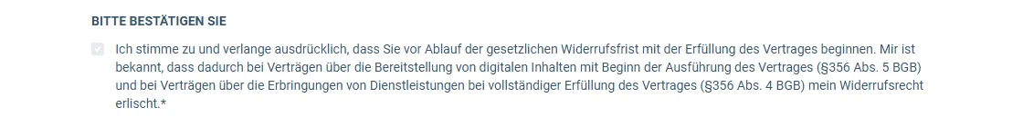 Pflicht-Häkchen im Bestellformular der 4S-Methode zum Beginn vor Ablauf der Widerrufsfrist