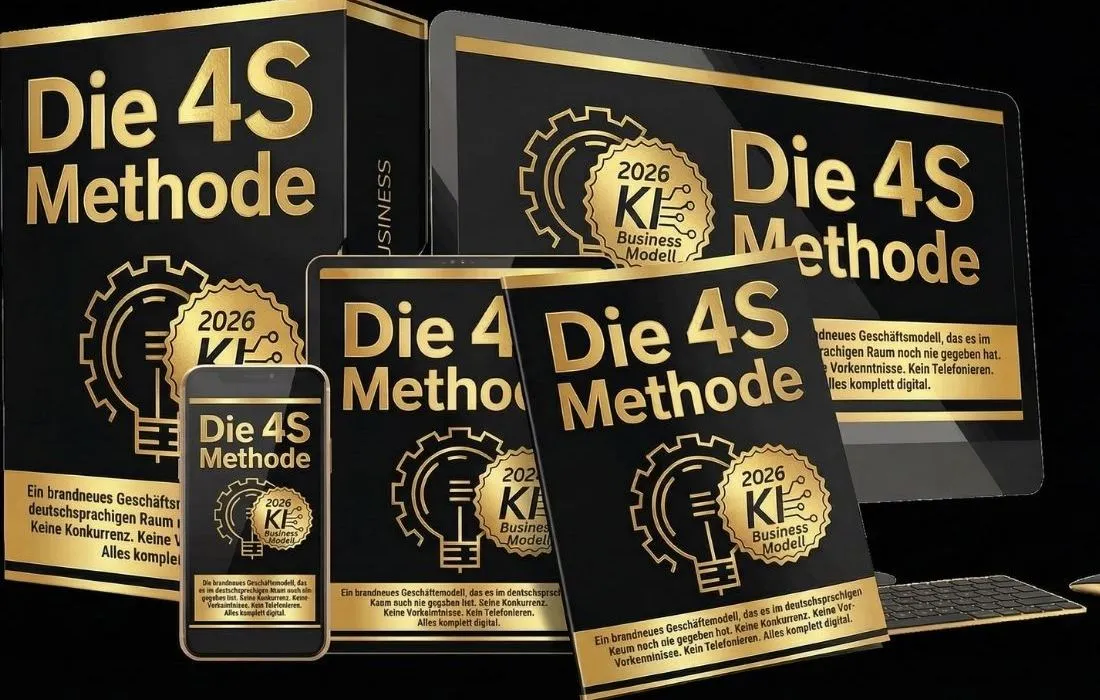 Kursbox, Bildschirm, Tablet, Heft und Smartphone mit dem Schriftzug Die 4S Methode