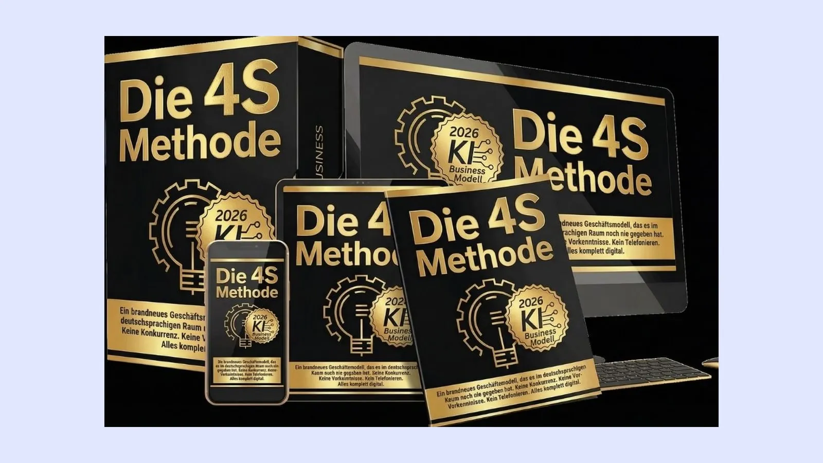 Kursbox, Bildschirm, Tablet und Smartphone mit dem Schriftzug Die 4S Methode in Schwarz und Gold