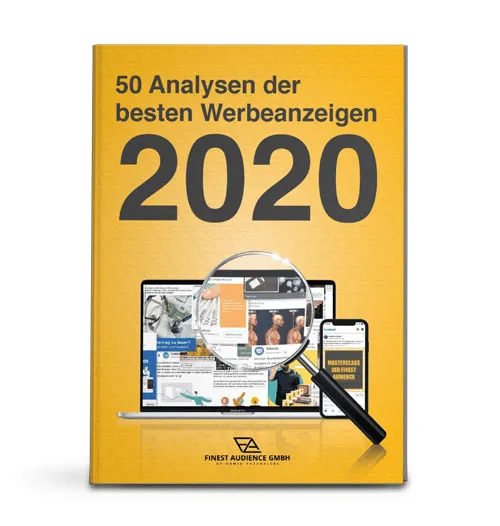 Gelbes E-Book-Cover 50 Analysen der besten Werbeanzeigen 2020 mit Lupe über Bildschirmen