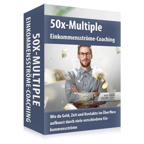 Kursbox des 50x-Multiple-Einkommensströme-Coachings mit Alex Fischer vor fliegenden Geldscheinen