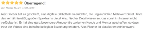Fünf-Sterne-Bewertung „Überragend!“ von Niklas M. zur digitalen Bibliothek von Alex Fischer