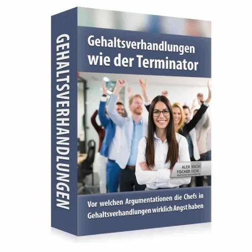Kursbox „Gehaltsverhandlungen wie der Terminator“ mit jubelnden Kollegen im Büro