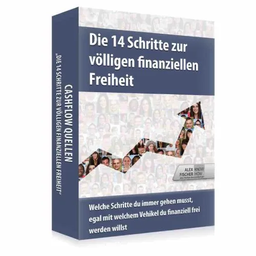 Kursbox „Die 14 Schritte zur völligen finanziellen Freiheit“ mit aufsteigendem Pfeil