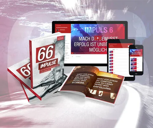 Bücher, Workbook, Laptop, Tablet und Smartphone mit dem Motivationsprogramm 66 Impulse