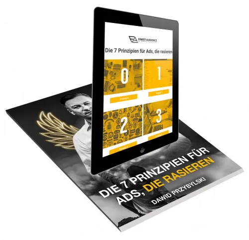 Tablet und Buch „Die 7 Prinzipien für Ads, die rasieren“ von Dawid Przybylski
