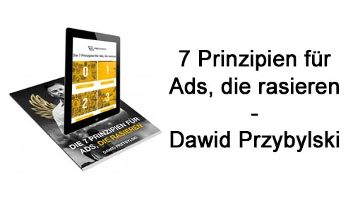 Tablet und Buch „Die 7 Prinzipien für Ads, die rasieren“ neben dem Schriftzug mit dem Namen Dawid Przybylski