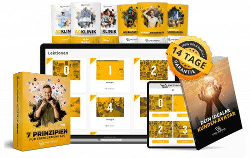 Kursboxen, Laptop und Tablet mit den Lektionen der 7 Prinzipien für erfolgreiche Ads von Dawid Przybylski