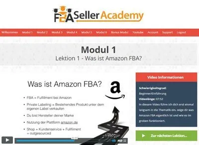 Mitgliederbereich der FBA Seller Academy mit Modul 1: Was ist Amazon FBA?