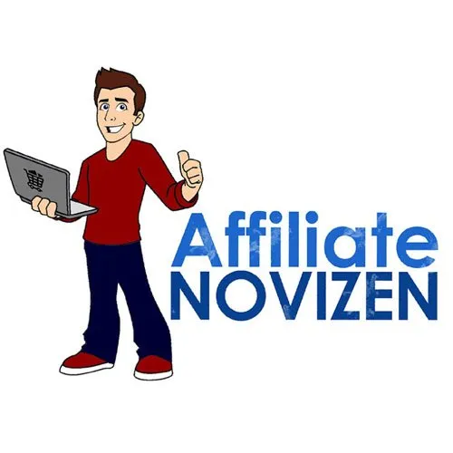 Logo des Affiliate Novizen Kurs mit Comicfigur, die einen Laptop hält