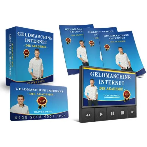 Produktbilder der Akademie Geldmaschine Internet von Oliver Pfeil mit Kursboxen, VIP-Karte und Videoplayer