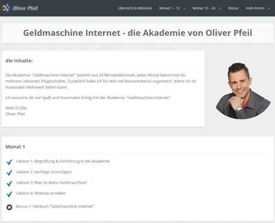 Mitgliederbereich der Akademie Geldmaschine Internet mit Übersicht der Lektionen von Monat 1