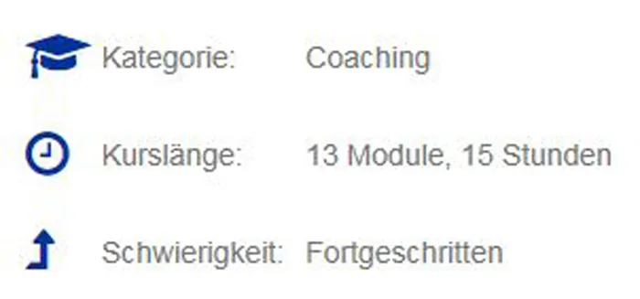 Kursinfos der Wunschkunden Formel: Kategorie Coaching, 13 Module mit 15 Stunden, Schwierigkeit Fortgeschritten