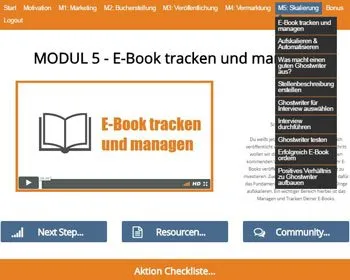 Modul 5 im Amazing Ebook Academy Test: E-Book tracken und managen mit Lektionen zu Ghostwritern