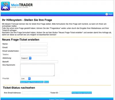 Support-Ticket-Formular MeinTRADER zum Kontakt mit dem Supportteam von Trading Geheimnisse für Einsteiger