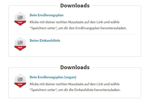 Downloads im Gesund macht schlank Programm: Ernährungsplan, Einkaufsliste und veganer Ernährungsplan als PDF