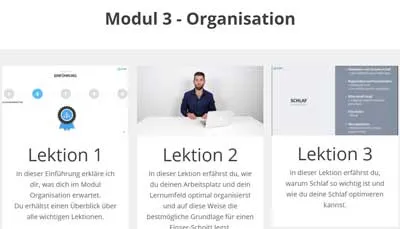 Modul 3 Organisation im Einser Abi Masterplan von Joe Trenk mit Lektionen zu Arbeitsplatz und Schlaf