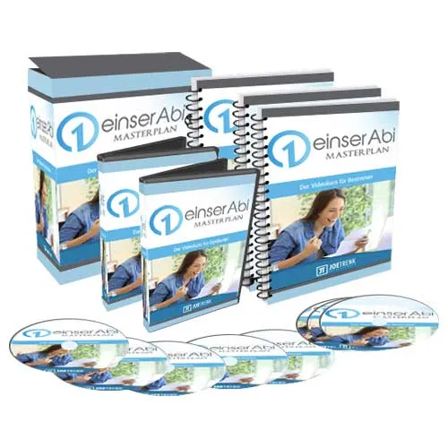 Produktbox des einserAbi Masterplan von Joe Trenk mit Workbooks und DVDs