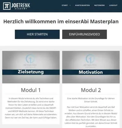 Startseite des einserAbi Masterplan mit Einführungsvideo und den Modulen Zielsetzung und Motivation