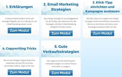 Modulübersicht des Email Marketing Masterplan Kurs der PPE Community