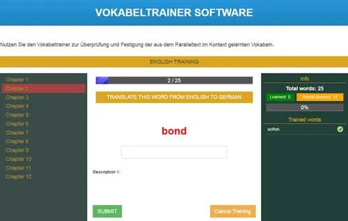 Vokabeltrainer-Software des Natural Language System mit englischem Wort-Training