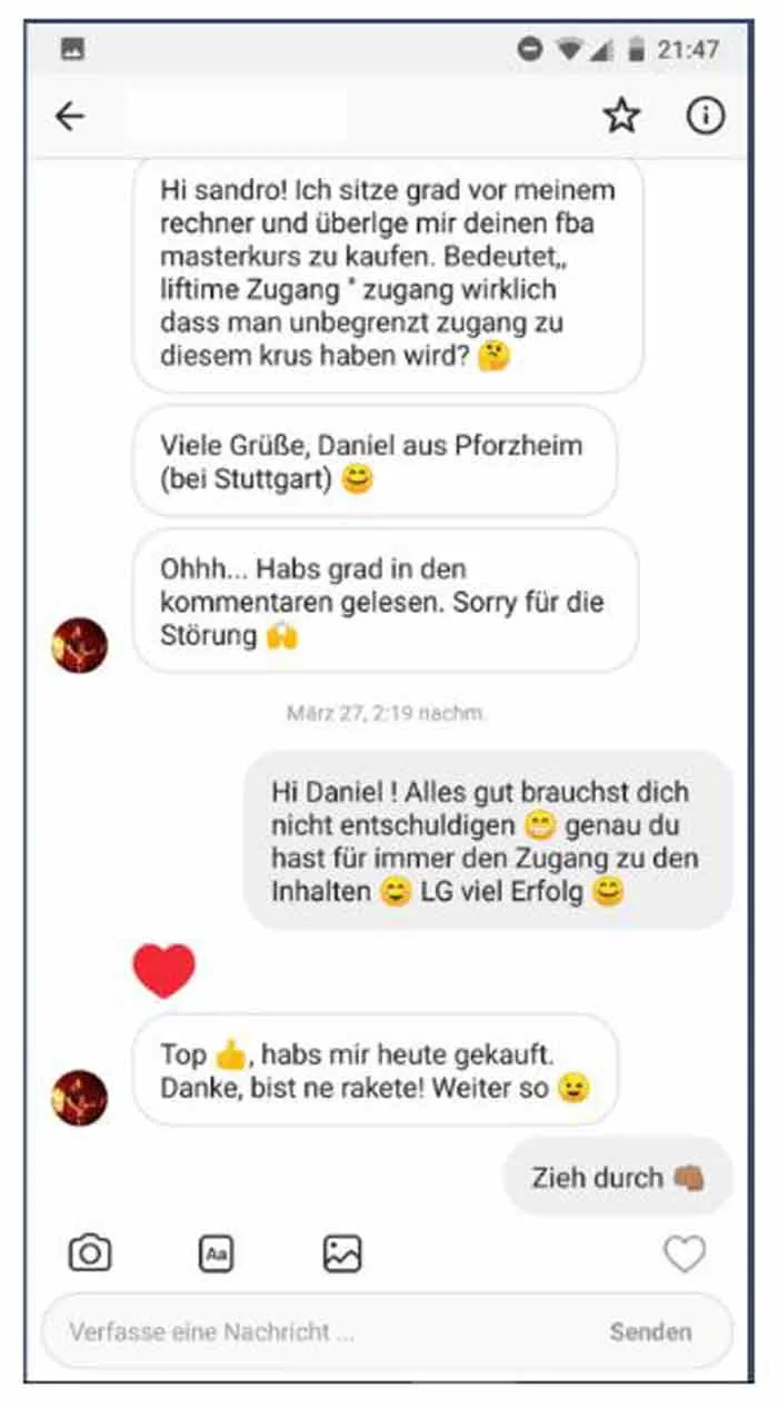 Chatnachricht eines Teilnehmers, der die FBA Masterclass gekauft hat und sich für die schnelle Antwort bedankt