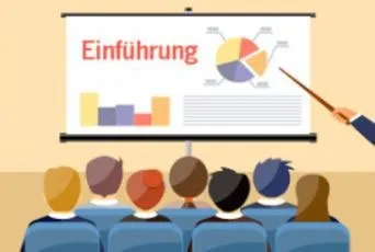 Illustration einer Präsentation mit dem Titel Einführung vor Publikum zu Modul 1 des Facebook Meisterkurs