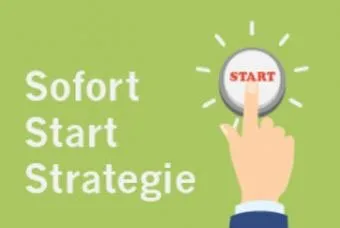 Illustration mit dem Schriftzug Sofort Start Strategie und Start-Knopf zu Modul 4 des Facebook Meisterkurs
