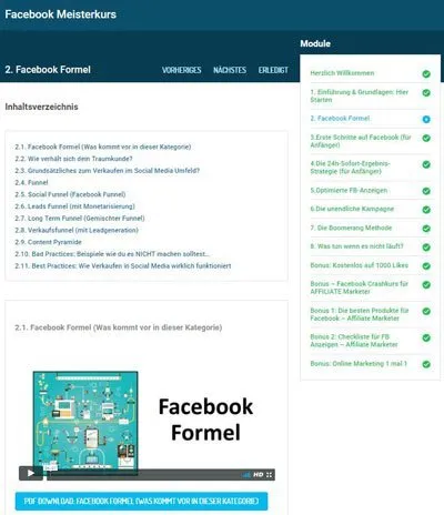 Mitgliederbereich des Facebook Meisterkurs mit Inhaltsverzeichnis zu Modul 2 Facebook Formel und Modulübersicht