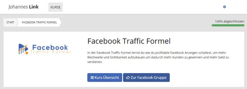 Startseite des Mitgliederbereichs der Facebook Traffic Formel mit Kurs-Übersicht und Facebook-Gruppe