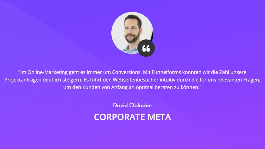 Funnelforms Kundenstimme von David Obladen, Corporate Meta: Zahl der Projektanfragen deutlich gesteigert