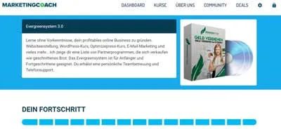 Dashboard des Evergreensystem 3.0 mit Kursbeschreibung und Fortschrittsanzeige