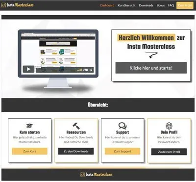 Dashboard der Insta Masterclass mit Begrüßungsvideo und Übersicht zu Kurs, Ressourcen, Support und Profil