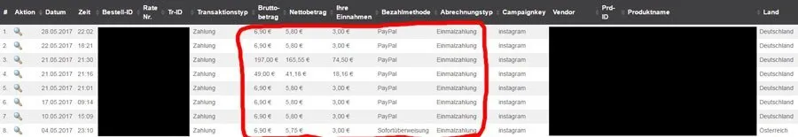 Tabelle mit monatlichen Einnahmen durch Instagram nach den Strategien der Insta Masterclass