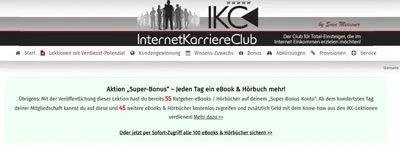 Mitgliederbereich des Internet Karriere Club mit Navigation und Aktion Super-Bonus
